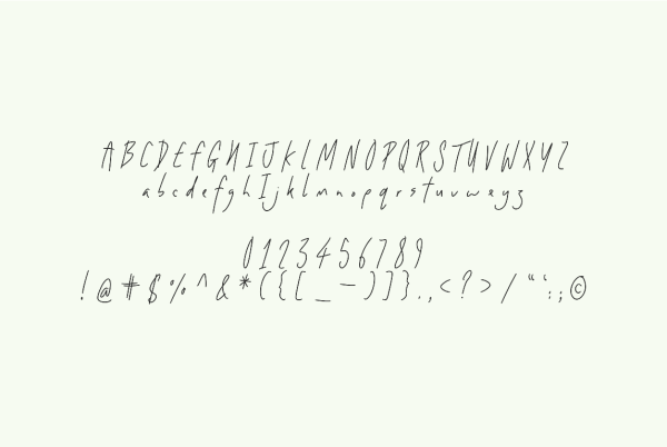 All alphabet letters, numbers, characters and punctuation for Angelical Writings font.