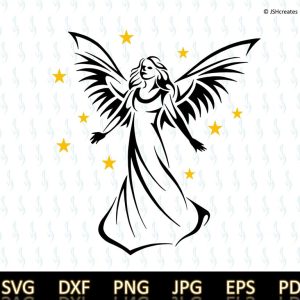 Female angel standing with arms out-stretched surrounded by gold stars.