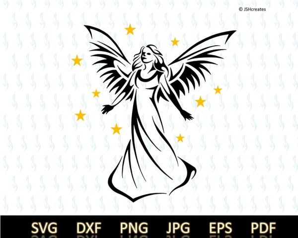 Female angel standing with arms out-stretched surrounded by gold stars.