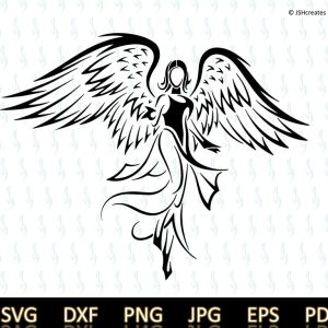 Modern vector graphic design of a tall female with large spread out wings.