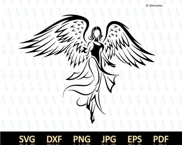 Modern vector graphic design of a tall female with large spread out wings.